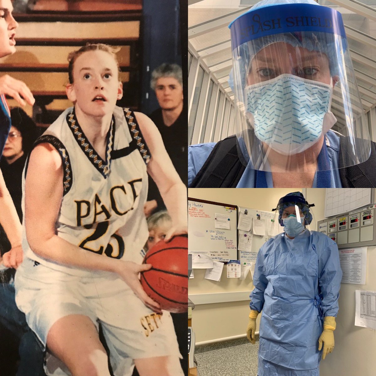 To all nurses, doctors, &amp; 1st responders in this battle vs COVID19. Your courage &amp; compassion are unparalleled.#thankyou does not begin to express how grateful we are! #ErinElderNiklinski #pacewbb #classof99 #settersthatsave #pacealumn 💙💛#hospitalofspecialsurgery #nurse 👩🏼‍⚕️