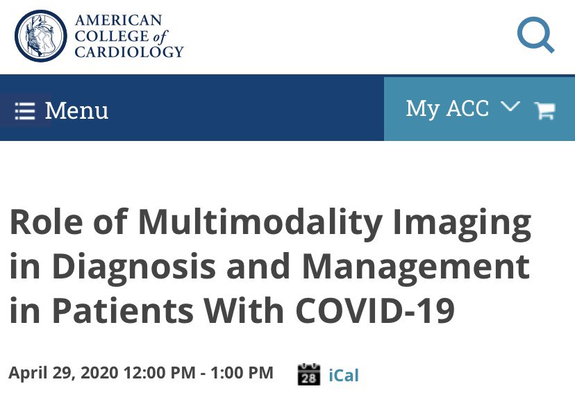 #ACCImaging Council presents an in-depth discussion of role of multimodality imaging in diagnosing & managing COVID-19 patients

Live #webinar 
April 29, 2020 12:00PM ET

Register @
acc.org/education-and-…