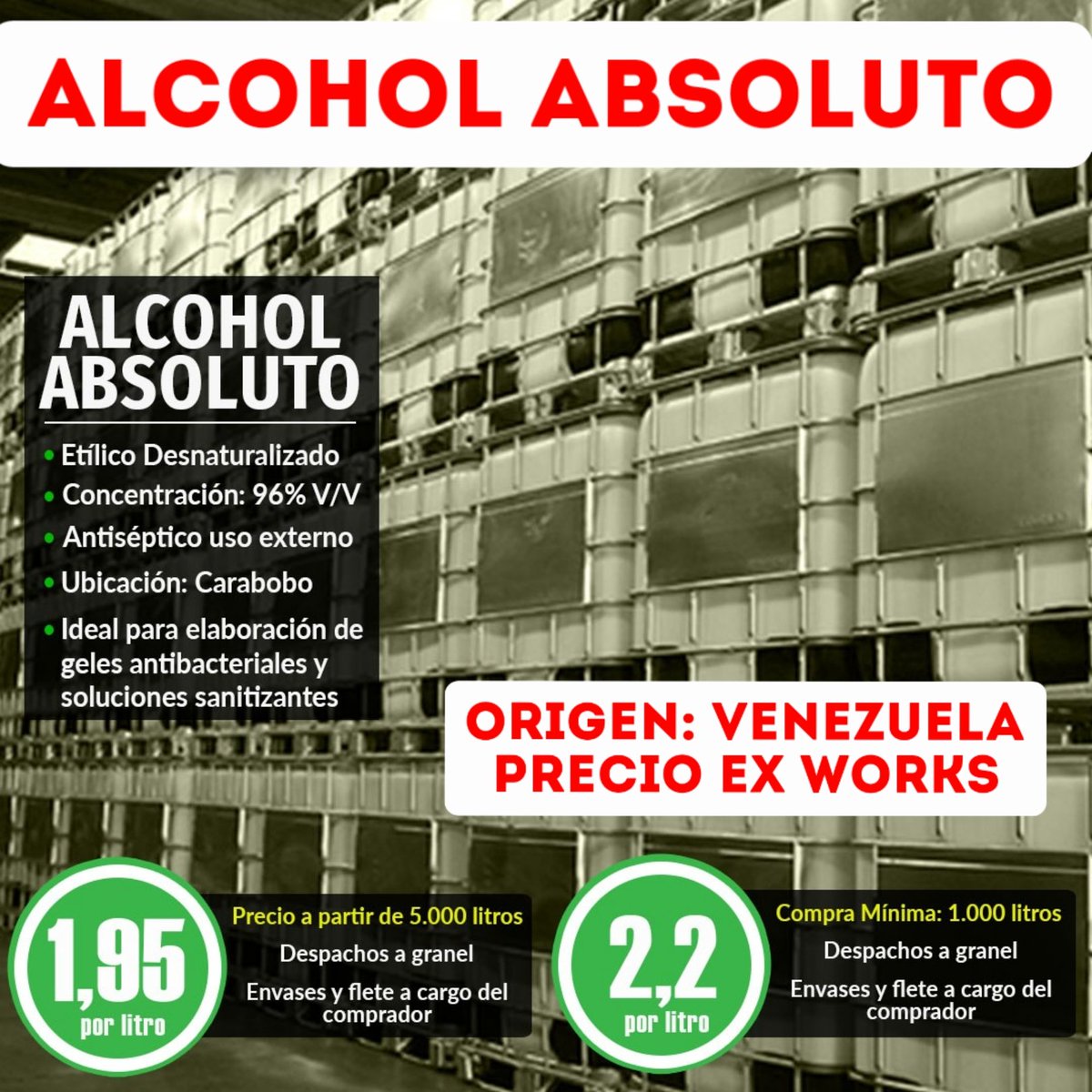 Negociosenvnzla's tweet photo. Alcohol Etilico Neutro. Disponible y directo del productor.
Escríbenos:
Torcatcomercializadora@gmail.com
#alcohol #alcoholetilico #alcoholabsoluto #gelantibacterialpersonalizado #gelantibacterial #gelabasedealcohol
#materiasprimas #productosquimicos #productosquimicos https://t.co/3kRLM0hJUV