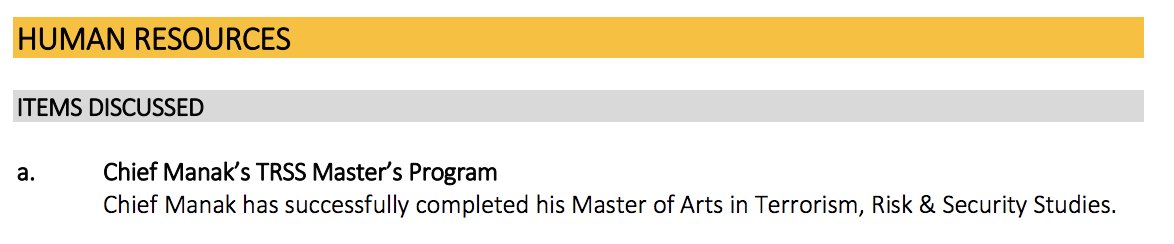 The agenda says Manak finished his “Master of Arts in Terrorism, Risk & Security Studies.” Other alumni include Gary Lenz.