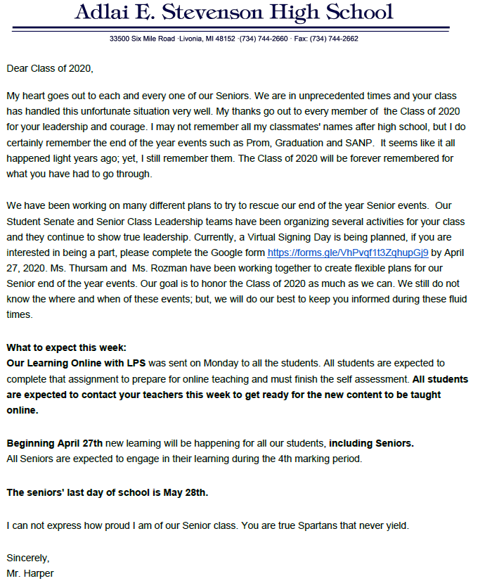 shs_spartans's tweet photo. Stevenson @2020stevenson , please read the following letter from Mr. Harper: https://t.co/CctfpnwX7u