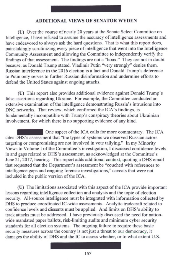 Wyden: "[T]he Committee conducted an extensive examination of the intelligence demonstrating Russia's intrusions into DNC networks. That review, which confirmed the ICA's findings, is fundamentally incompatible with Trump's conspiracy theories about Ukrainian involvement"