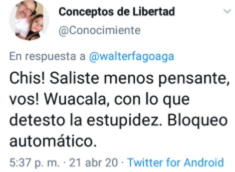 walterfagoaga's tweet image. Es para mí un gusto que este señor me de "bloqueo automatico", sus conceptos de libertad son inexistentes, más bien es un intolerante que acepta solo como válido sus planeamientos y para colmo, se cree un "defensor de la democracia" 😂😂