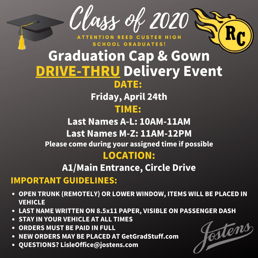 rchsricketts's tweet photo. Attention #Classof2020 ⁦@patbuschette⁩ from ⁦@Jostens⁩ will be at RCHS this Friday for graduation 🎓 cap &amp; gown drive-thru delivery https://t.co/BrbmMq0qj9
