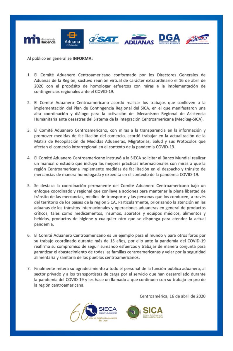 La SIECA comparte el comunicado del Comité Aduanero Centroamericano