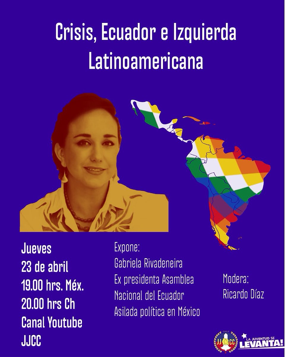 Este jueves estaremos conversando con @GabrielaEsPais sobre la izquierda Latinoamericana, la crisis y la situación de Ecuador! Atentas y atentos que de viene entretenido! 
@jjcc_chile @wfdy1945fmjd @MashiRafael 

#Geopolítica #Internacionalismo #Latinoamérica #IntegraciónRegional