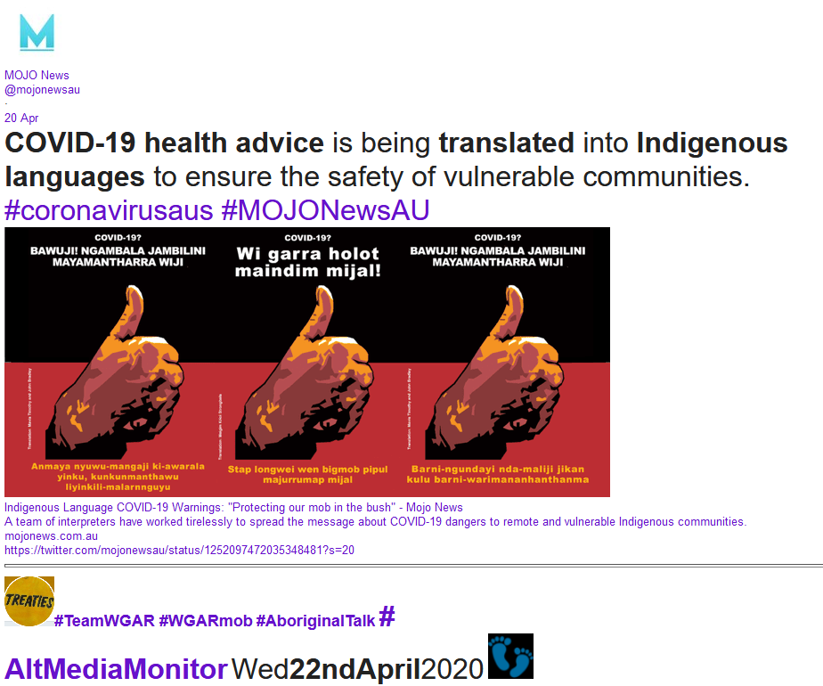 WgarNews's tweet photo. #COVID19HealthAdvice isBeing #Translated in2 #AboriginalLanguages to EnsureSafety of #VulnerableAboriginalCommunities https://t.co/ev3jiFizY6 | View #ChipsMackinolty Posters| #Play2Learn: #AboriginalChildrenInNT #GainingNewInsight in2 #TraditionalPractices https://t.co/BXNKzFiCQn https://t.co/tJ4Rnn0cSr