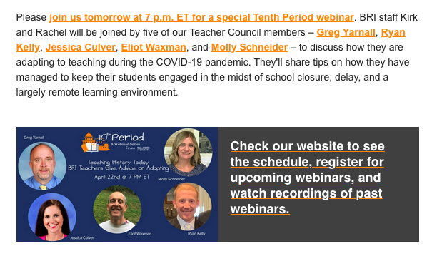 NDCLLions's tweet photo. Check out our very own Mrs. Molly Schneider, @NDCLLions Social Studies Department Chairperson, on April 22 @ 7:00pm as she participates in the webinar Quaranteaching sponsored by the prestigious Bill of Rights Institute.  For more details visit:  https://t.co/PDQxUZXcSG https://t.co/wgTHymJoJt