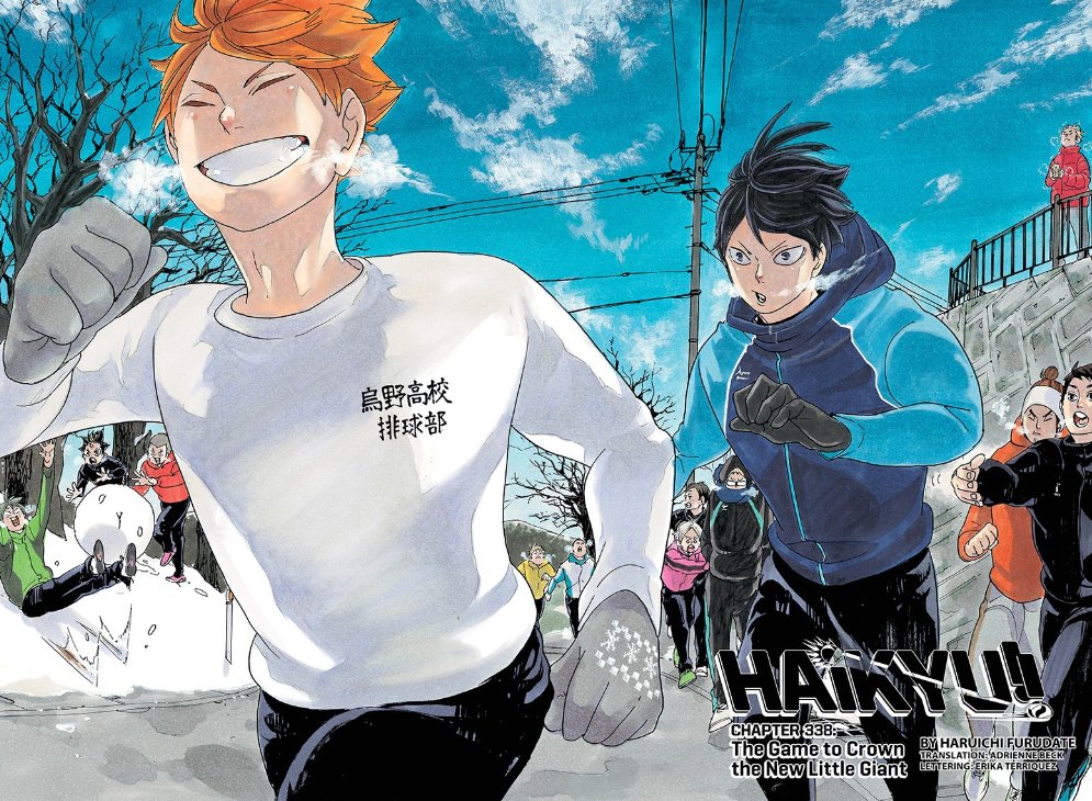 i wanna talk about haikyuu ch 338 and the final shift in hinatas goals.[thread]we get this spread to start off with. a spread of hinata running after something unseen, and kageyama following behind him.