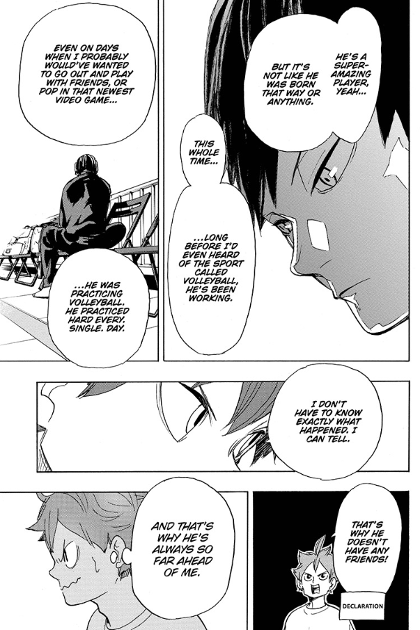 so ch 338 is not only the infamous chapter where hinata waxes poetic about kageyamas journaling, but...