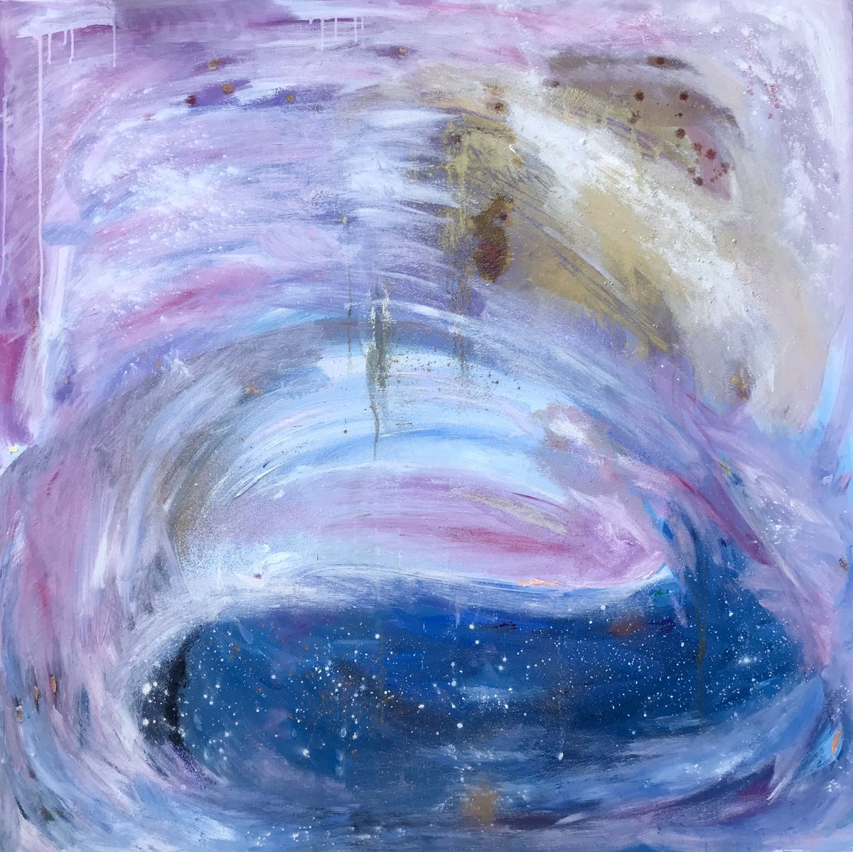 bridget_mccart's tweet photo. Oil painting 100by100cm 144MHz. 4.4.2020 The clear sky of the milkway kisses the waters and the sparkles of light wink back.  #visionaryart #art #femaleartist https://t.co/aOiY9dBxIc