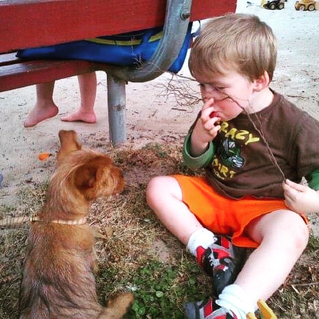 Here’s Winston 8 years ago with my then-2-year-old son making a funny face at him