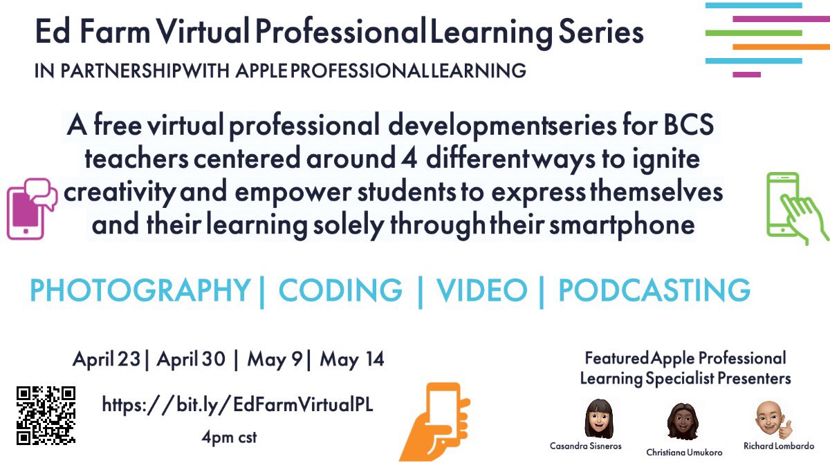 _EdFarm's tweet photo. Hey, @bhmcityschools Teacher Fellows! We hope you can join us for our Virtual Professional Learning Series ft. @AppleEDU professional learning specialists! 4 sessions focused on ways to ignite creativity & expression of learning with any smartphone! π²π§πΎβπ» #EdFarmBHM https://t.co/U9HWKmUF2X