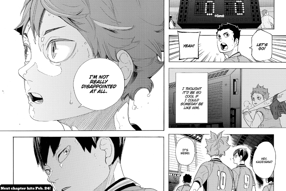 so in this chapter we get-hinata praising kageyama-restating his goal of catching up to and beating him -the little giant revealed to him, BUT...he isnt disappointed at all.
