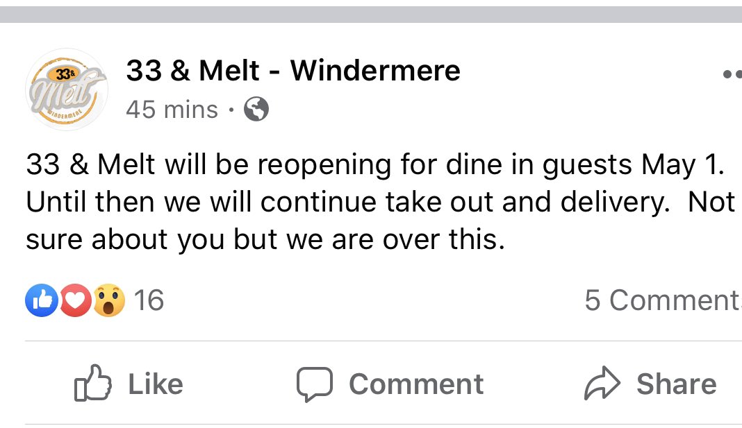 Not normally one to get political on social media...but this is one restaurant that will never get my business again. This is absolutely uncalled for and they are going to put too many people in my community at risk.