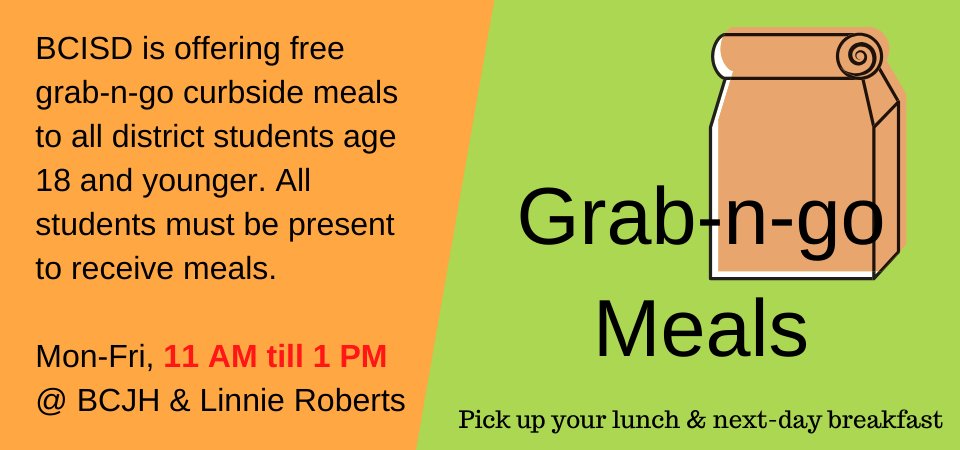 BCISD's tweet photo. #BCISD families, we are still here for you! Our food services staff is still serving to-go lunches &amp; next-day breakfasts. 11AM-1PM, M-F, at #BCJH &amp; #RobertsElem #InThisTogether #BelieveInBCISD @PrincipalMDodd @bchsreyes @ashleyhaggBCISD @khicklBCISD @BayCityJuniorH1 https://t.co/X2oN4E6nTx