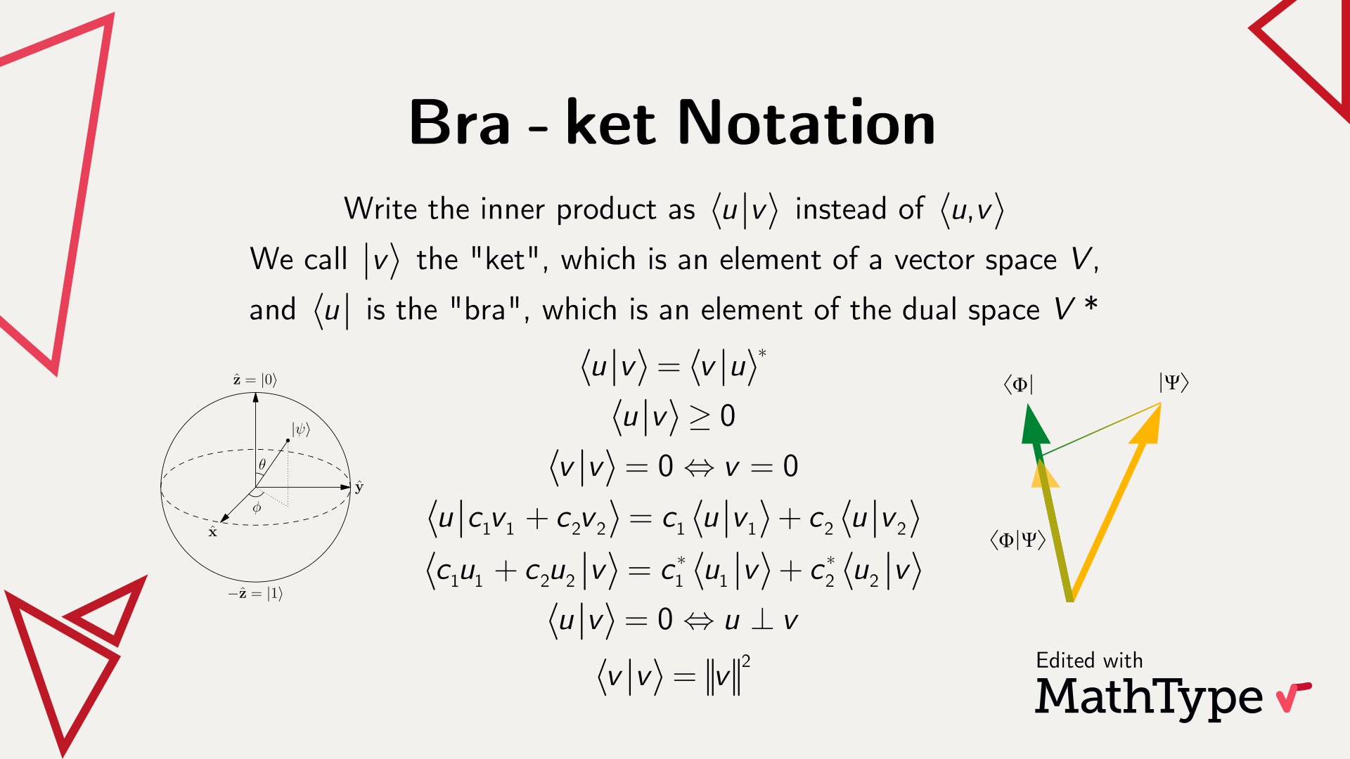 Mathtype The Bra Ket Notation Devised By Paul Dirac Is Used In Quantumphysics As A Way To Make Linear Algebra Operations More Expressive It Consists Of A Rewriting Of Your Usual