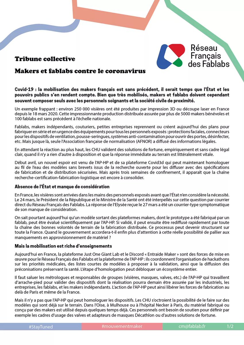 RFFLabs's tweet photo. Tribune collective : makers et fablabs contre le coronavirus ! 

Plus que des mots, une signature collective. 

#coronavirus
#COVID19
#fablab 
#maker https://t.co/gOrhuQdiOa