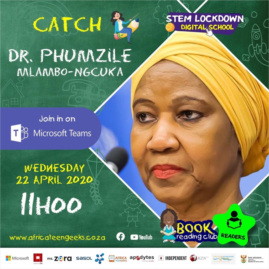 africateengeeks's tweet photo. Join Dr Mlambo-Ngcuka for #StoryTime at 11:00. She’ll be reading "How I Survived Bullying" authored by a 10 year old Lelo Kingston Mofokeng. Link here👇🏾
https://t.co/j3gNiB8sLY 
#Lockdowneschool #STEMChampioons https://t.co/DtKqSI2D5G