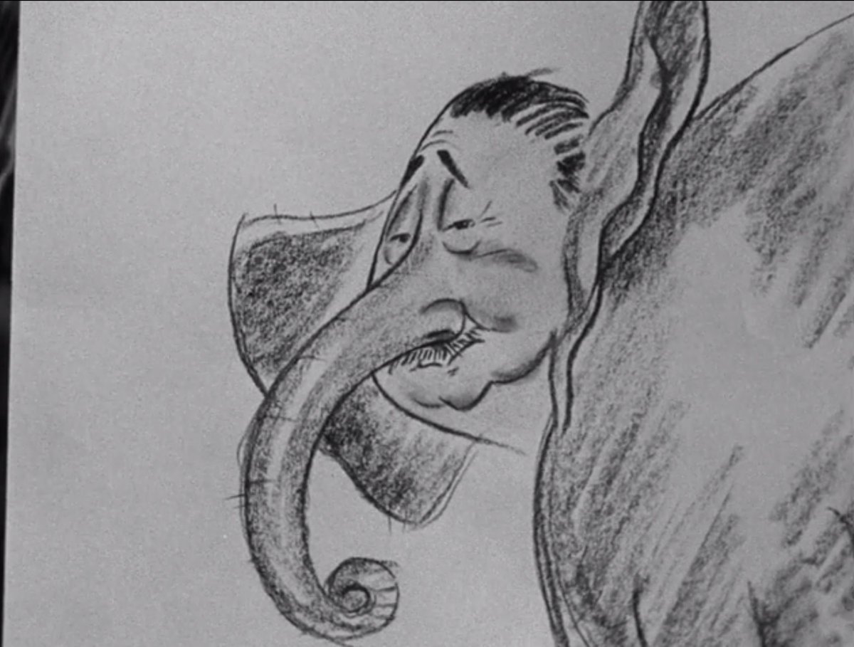 Scott also provides Benchley (the Bench-meister), with this rendering of the elephant that's actually a playful ribbing of his own likeness. That'll teach him for trying to be a Peeping Tom, a priceless memento! It'll also help the cops identify him (just joking, it's the 40's).