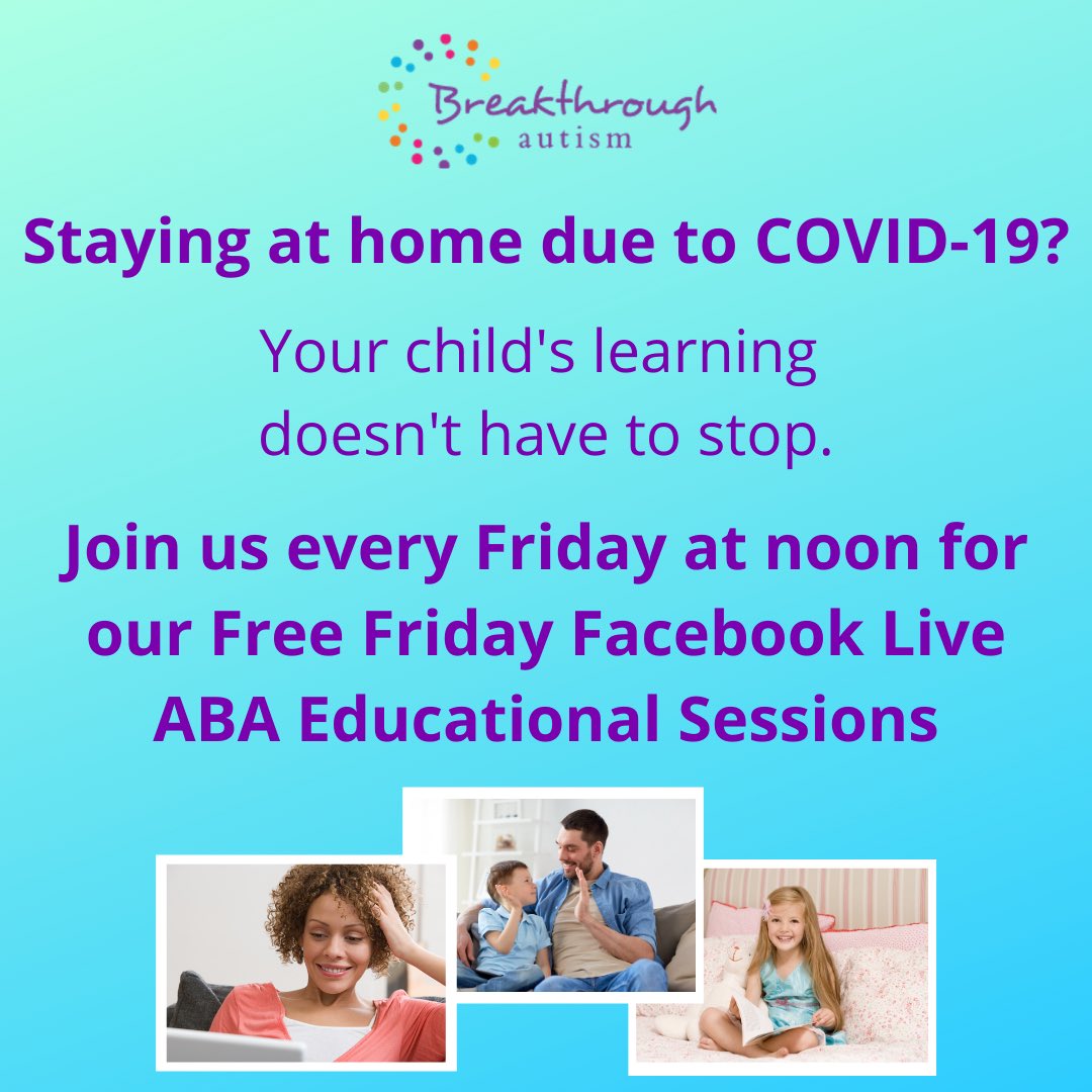 BrkthrughAutism's tweet image. Staying at home due to COVID-19?

Your child's learning doesn't have to stop.

Join us every Friday at noon for our Free Friday Facebook Live ABA Educational Sessions.

See you soon!

#learningathome #breakthroughlearning #heretohelp #autism #ASD #BCBA
