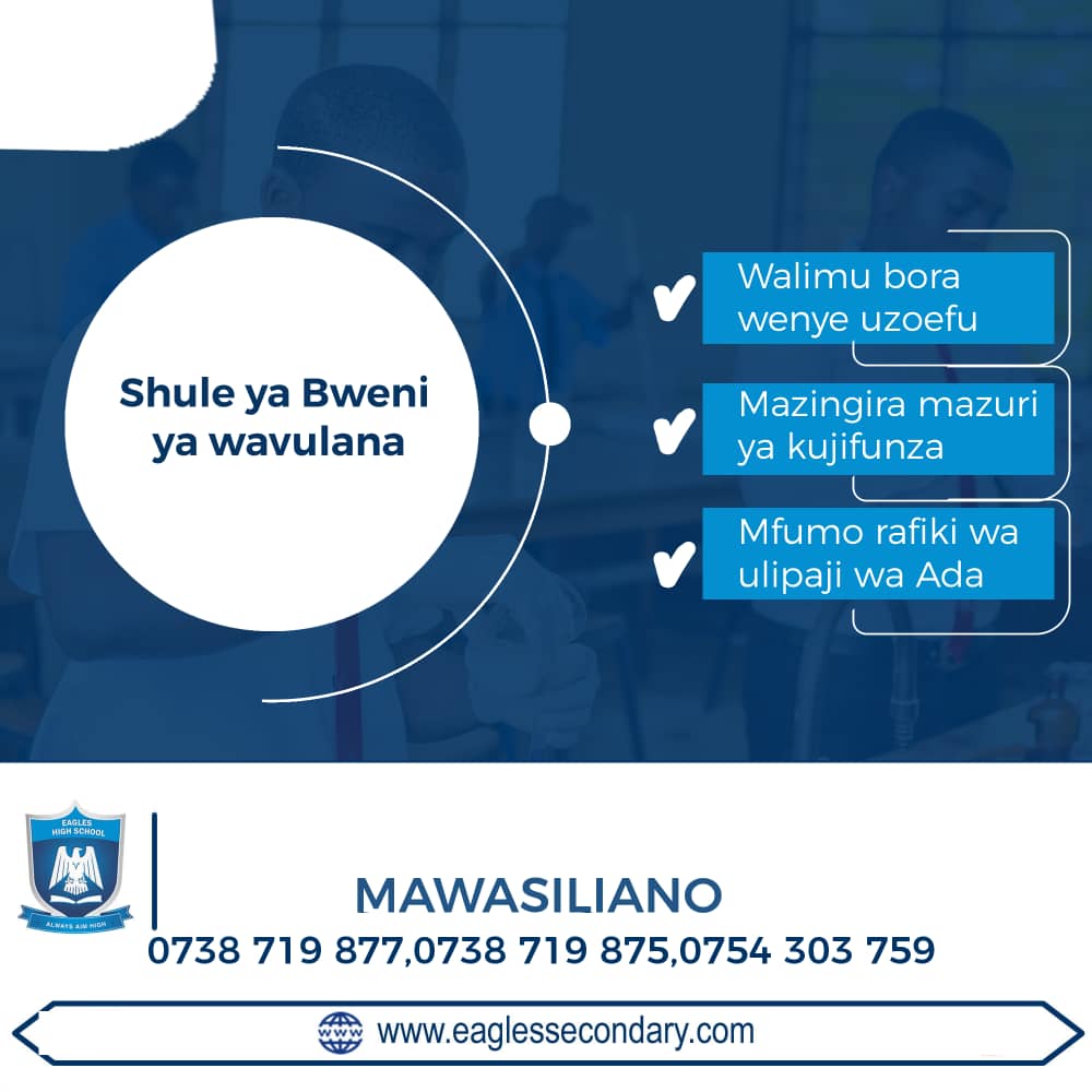 eagleshigh_'s tweet photo. Karibu Eagle High School kwa elimu bora ya kijana wako. Tunaendelea kupokea wanafunzi wa kuhamia na Fomu za kujiunga kidato cha Tano bado zipo, Wasiliana nasi kwa maelezo zaidi. 0738-719877, 0738-719875,0754- 303759
#EaglesHighSchool
#AlwaysAimHigh https://t.co/LpsMACvpWm