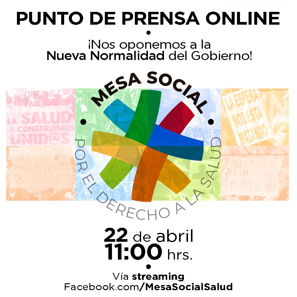 mesasocialsalud's tweet photo. Como MESA SOCIAL POR EL DERECHO A LA SALUD haremos un punto de prensa online mañana para criticar el llamado a retomar la normalidad por parte del Gobierno. Los invitamos a seguirnos mañana a las 11:00 hrs por esta vía ✊🏽 https://t.co/UroUfqUrCR