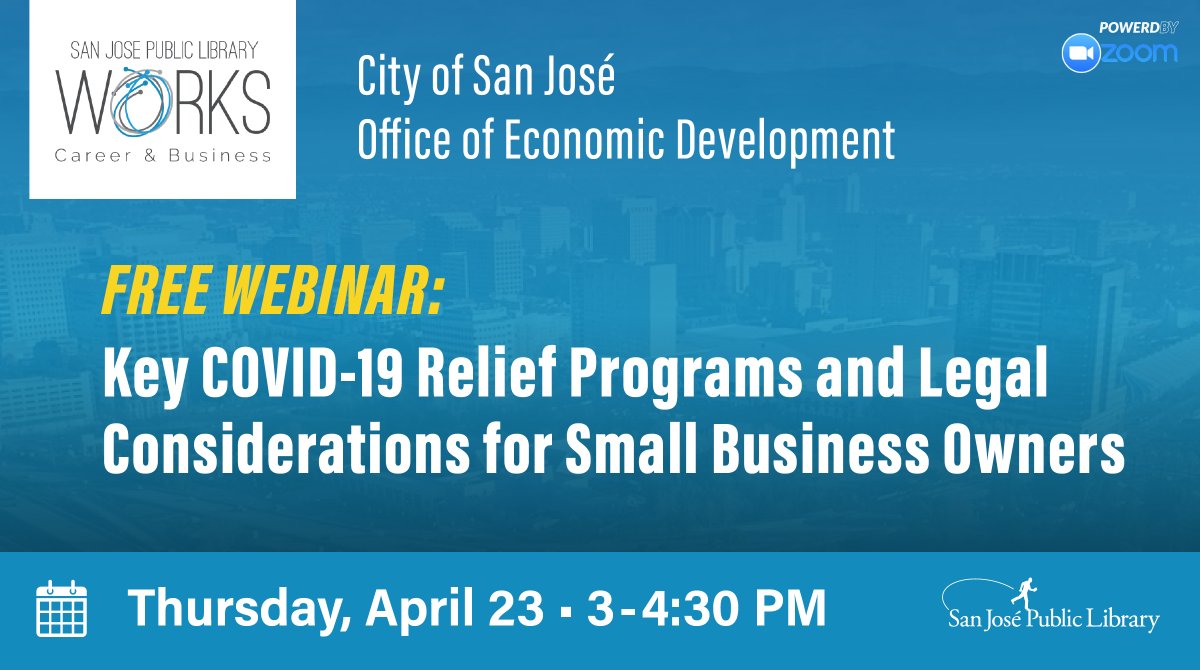 sanjoselibrary's tweet photo. Are you a business, non-profit, independent contractor, or sole proprietor impacted by COVID-19? Join #SJPLWorks in this FREE webinar to receive helpful tips regarding legal, financial, and operational challenges.
Register at:
https://t.co/aGuDb2FMhy
#SJPL #RightToLibrary https://t.co/YwDUZUL9Q4