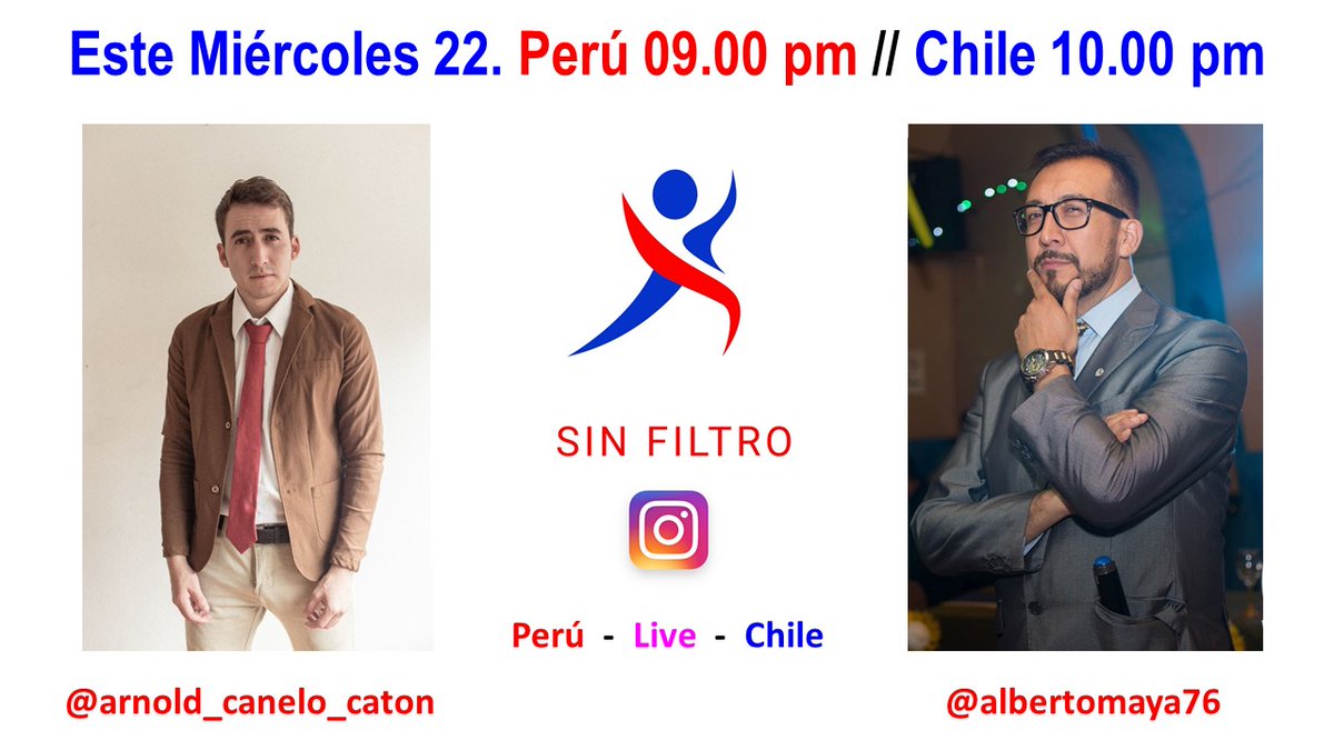 Arnold_canelo_c's tweet photo. Desde #Chile .@AlbertoDiazMaya Nuestro Próximo #Artista #invitado en #SinFiltro por #Instagram #Live
Alberto. #Locutor, #animador, #presentador, #conductor, empresario y amigo con el que compartiremos este Miércoles
¿Que le preguntarías?
https://t.co/LAi85kqnK6
@RevistaCloseUp https://t.co/KyDXuEIOcz
