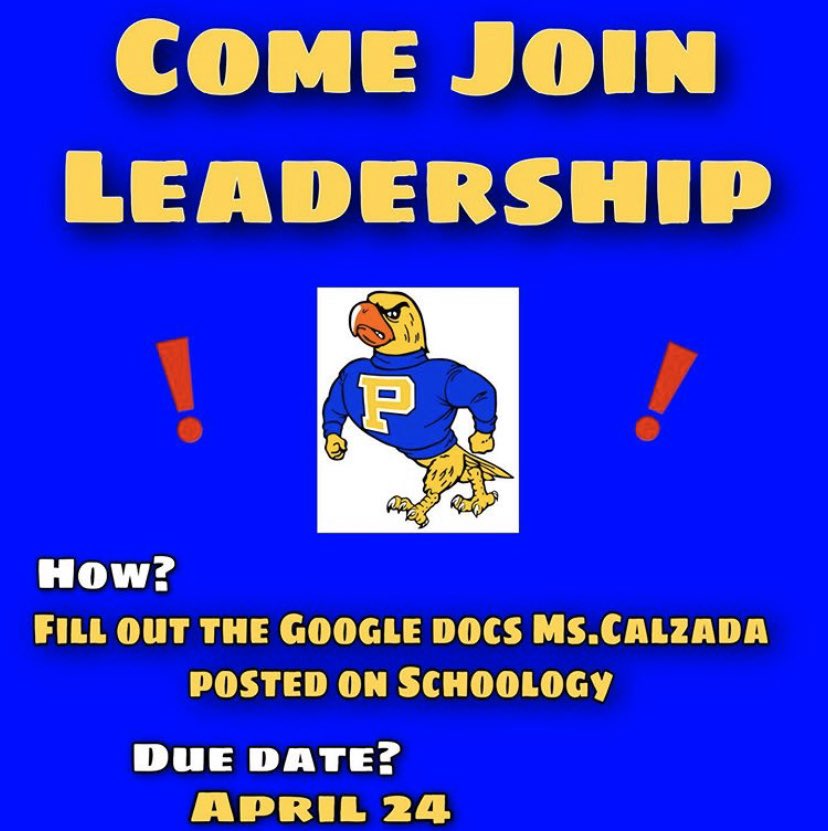 PTECHLeadership's tweet photo. Parrots, interested in joining leadership 2020-2021? Check out Ms.Calzada’s post on Schoology for more info! https://t.co/nwe9JXw58B