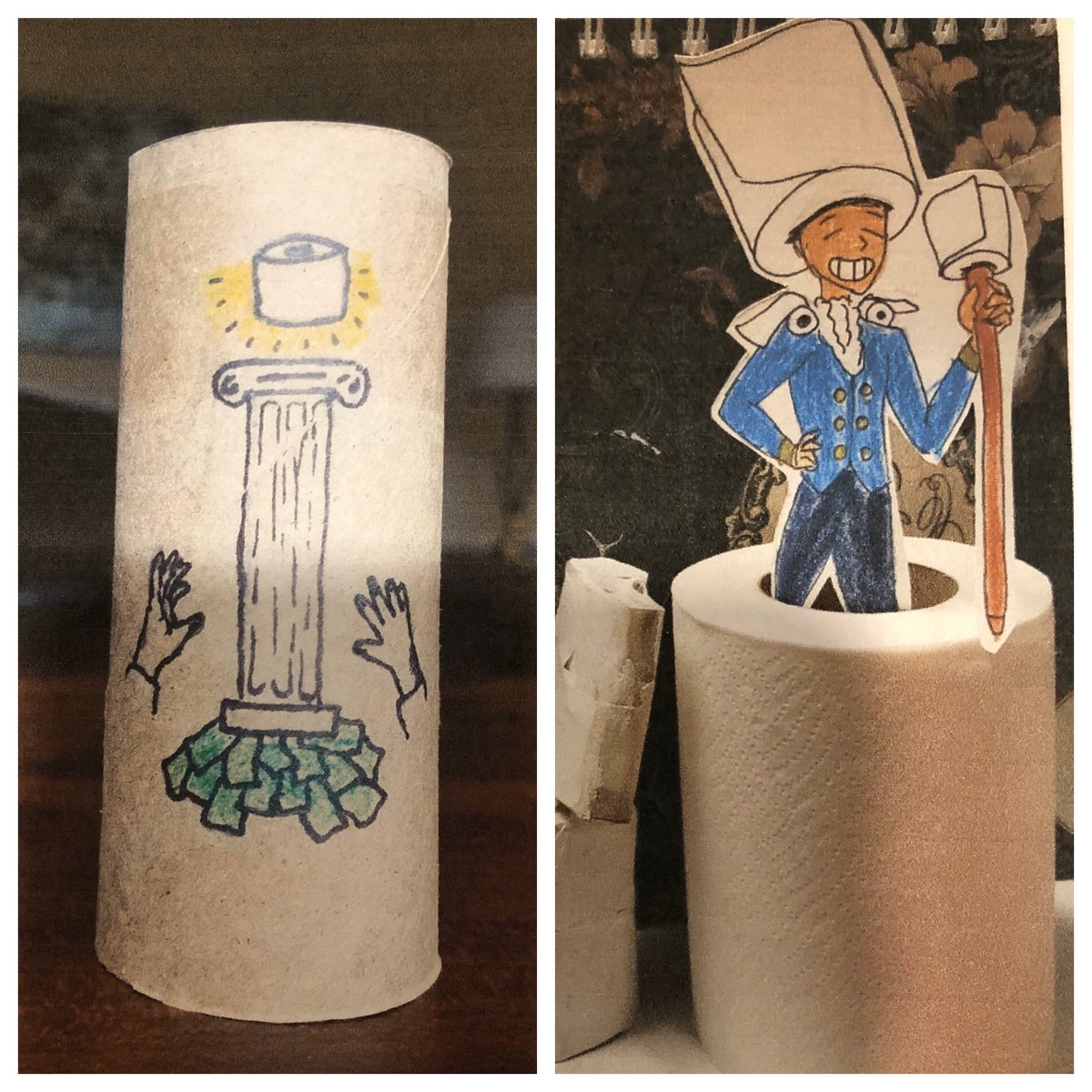 NLew816's tweet photo. @BethlehemAreaSD My Liberty High School art students showed their creativity in designing empty toilet paper rolls to reflect the hoarding and price gouging caused by the coronavirus crisis. https://t.co/j9Oi4ej9Zm