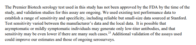 Flaw #4: a whole lot is riding on the performance of this unapproved SARS-CoV-2 antibody test, with only very small sample numbers even provided. They thought the test was 99.5% specific. They admit if it's 97.9% specific or less, then, poof, their results evaporate entirely. /5