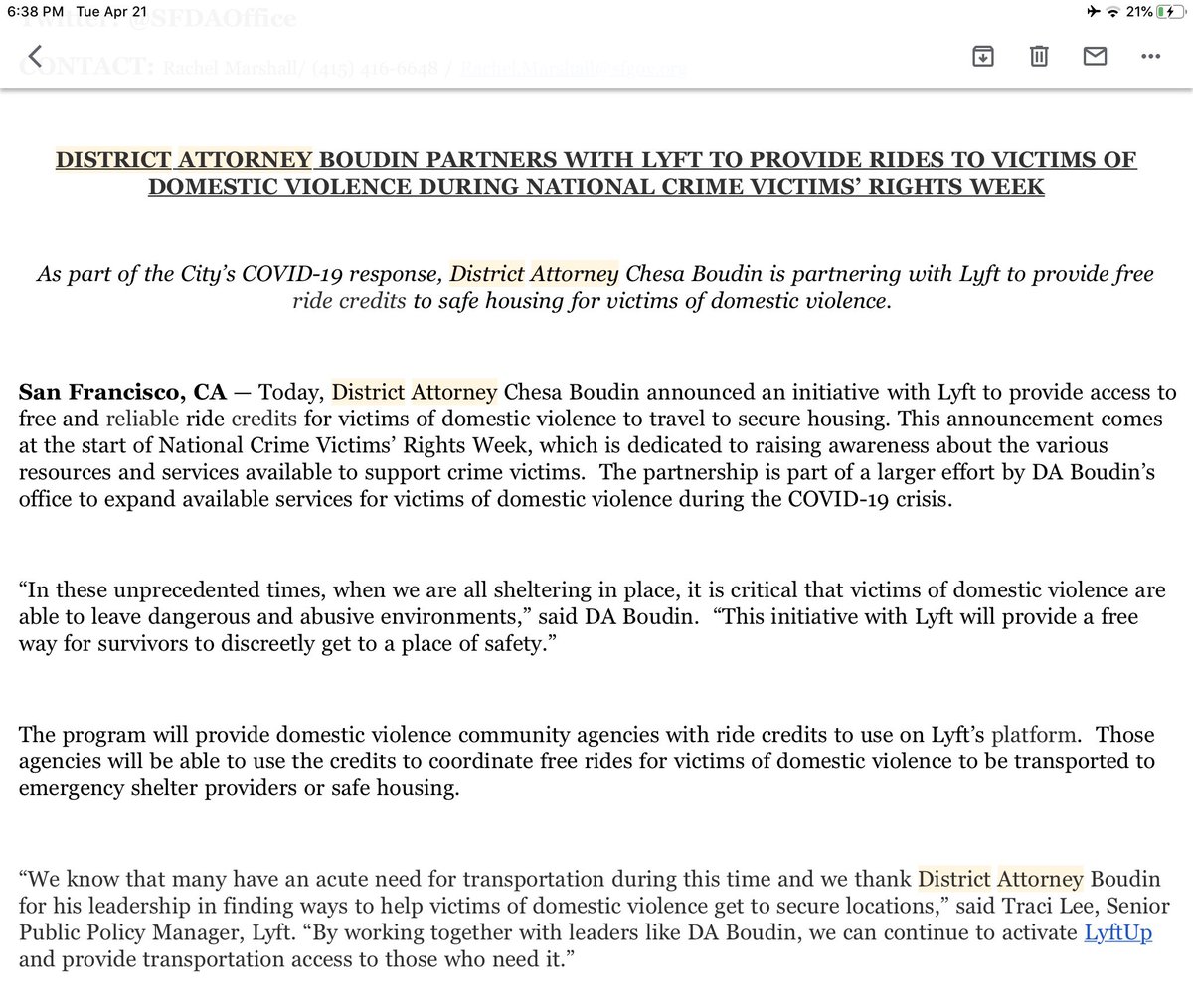 provide access to free & reliable ride credits for victims of domestic violence to travel to secure housing.. start of National Crime Victims’ Rights Week, which is dedicated to raising awareness about the various resources and services available to support crime victims.. part of a larger effort by DA Boudin’s office to expand available services for victims of domestic violence during the COVID-19 crisis
