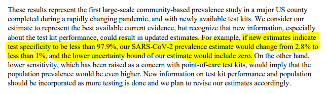 Flaw #4: a whole lot is riding on the performance of this unapproved SARS-CoV-2 antibody test, with only very small sample numbers even provided. They thought the test was 99.5% specific. They admit if it's 97.9% specific or less, then, poof, their results evaporate entirely. /5