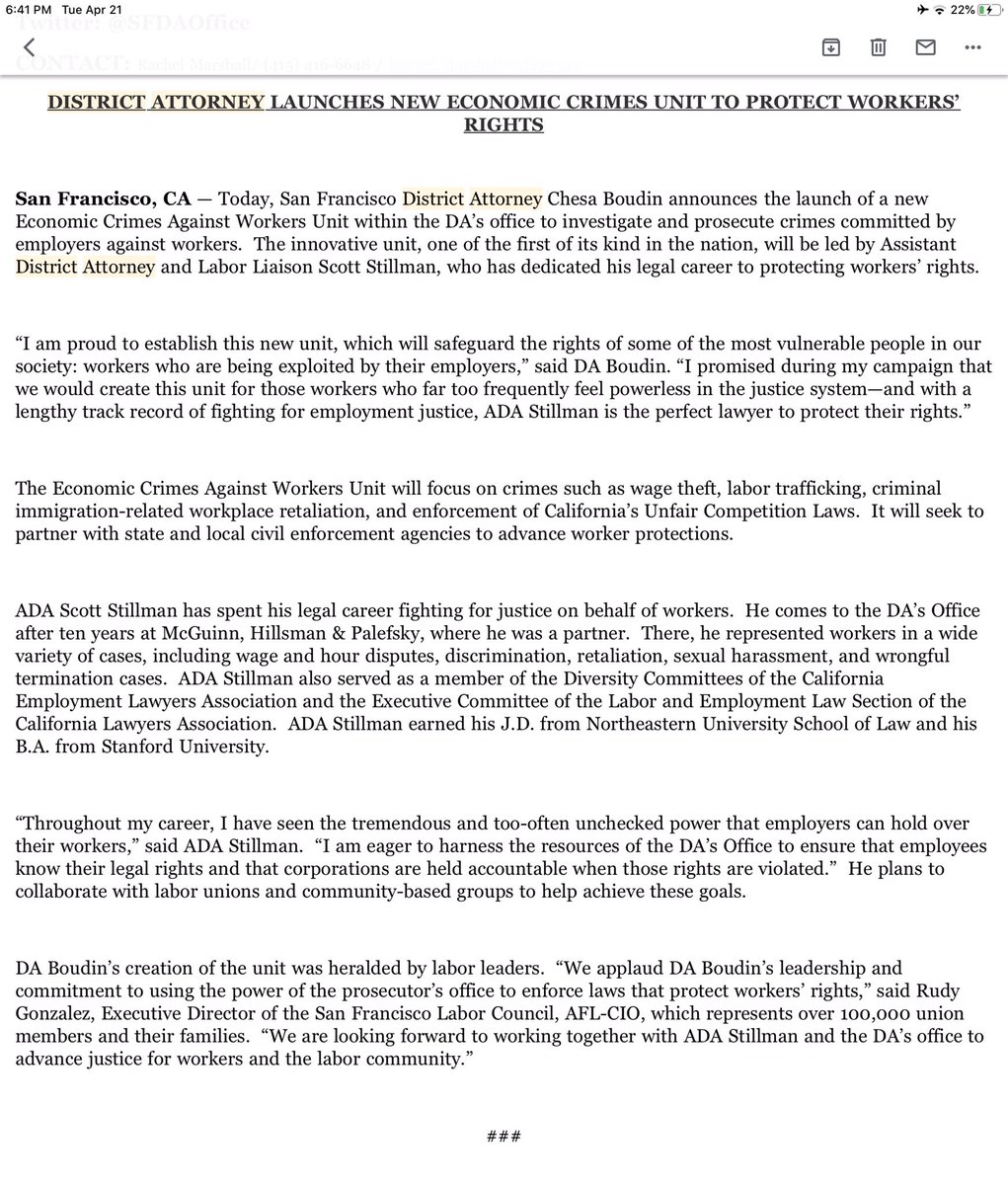 The Economic Crimes Against Workers Unit will focus on crimes such as wage theft, labor trafficking, criminal immigration-related workplace retaliation, and enforcement of California’s Unfair Competition Laws.  It will seek to partner with state and local civil enforcement agencies to advance worker protections.