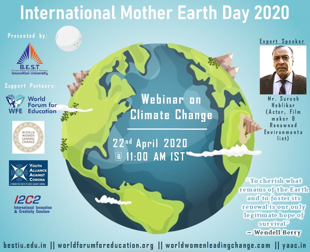 bestiu20's tweet photo. @bestiu20 presents an expert talk on Climate change on the occasion of International Mother earth day.
#WorldEarthDay #MotherEarth @heblikarsuresh #Innovation #bestiu #yaac2020 #climatechange #wfe #wwlc #i2c2 https://t.co/51ZBCVuVZa