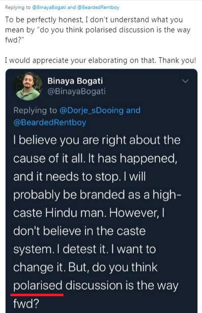 I have also noticed people characterizing posts/tweets/ideas/conversations/discussions about  #caste as "polarizing" d way d user below does. I asked why bcuz I really want to know his reasons. He didn't respond.Anyway, why? (Original tweet:  https://twitter.com/Dorje_sDooing/status/1252263319282409472.)