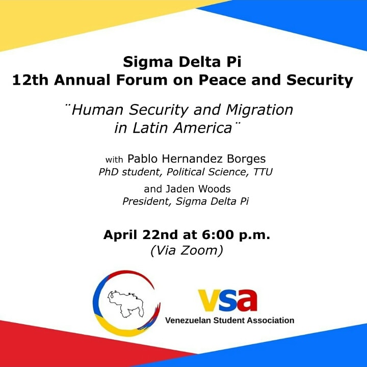 PabloHernandezB's tweet photo. Mañana estaré en el Foro de Paz y Seguridad organizado por #SigmaDeltaPi en conjunto con la Venezuelan Student Association de TTU dónde hablaré sobre Seguridad Humana y Migración en Latinoamérica. Será vía Zoom así que manda un DM si quieren asistir.
#DiásporaVenezolana🇻🇪 https://t.co/i2CZAjnYmQ