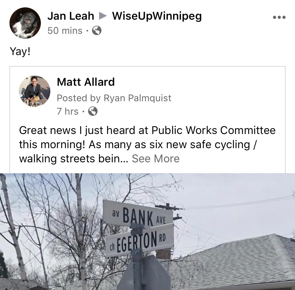 THREAD on Winnipeg poltics & urban issues. When Councillor  @mathieuallard discusses bikes or pedestrians or transit on Facebook, posts very often gets shared to a Facebook group called Wise Up Winnipeg. Often its someone named Jan Leah who does it. She seems angry. 1/