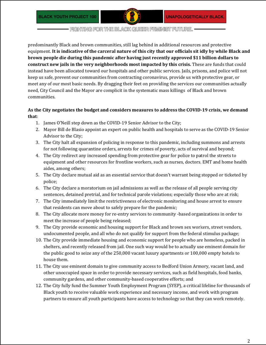 Govts take advantage in times of crisis to expand policing, surveillance, & incarceration.  @NYCCouncil &  @NYCMayor aren’t providing the aid our communities urgently need. Check out our list of demands:  http://tinyurl.com/BMAI-Demands . Support by signing on  http://tinyurl.com/signon-statement