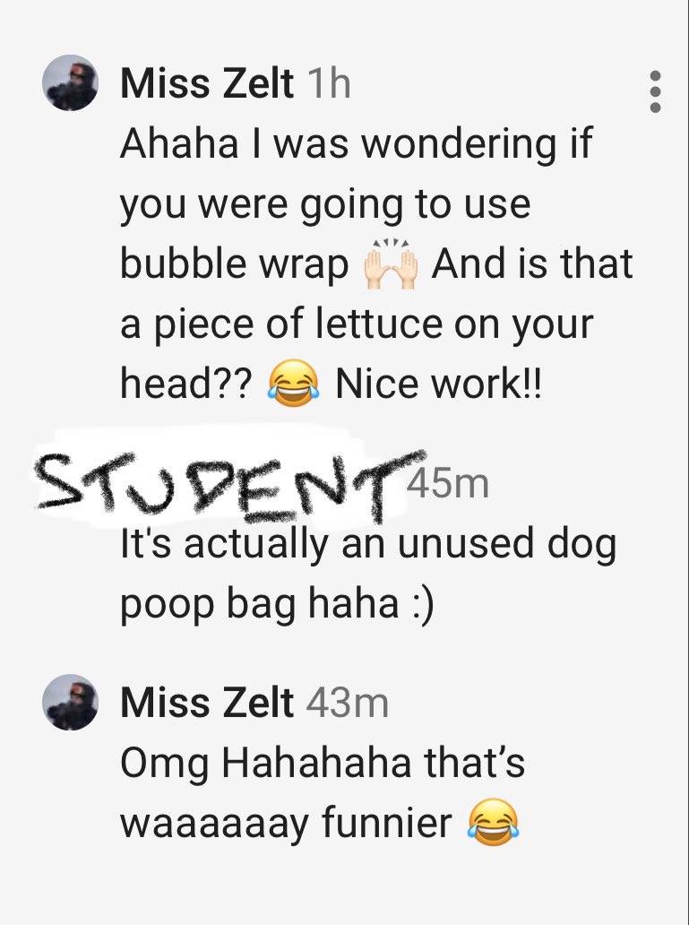 JacIzzy7's tweet photo. When your student admits that they placed an unused dog poop bag on their head for their assignment, you know that 💩 is getting real...
I can’t wait to see the rest of these 🙌🏻 Stuck at home is bringing out the creativity! @lvrprincipal @LVRsecondary https://t.co/9Dwi1PTfsK