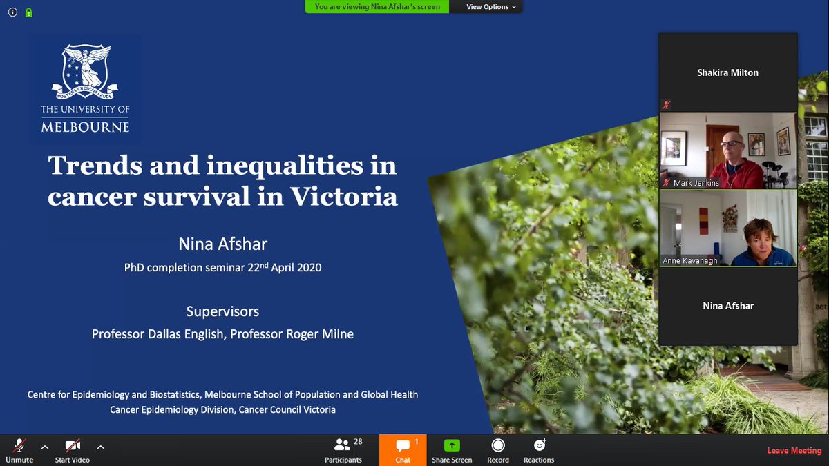 ShakiraOnwuka's tweet photo. Nina's PhD Completion Seminar! Great job and your four years of hard work definitely show! 😃 

Men overall seem to have higher mortality rates due cancer compared to women in Victoria. The reason is unknown. @EpiAfshar #PhDone #AcademicTwitter @unimelb @CancerVic https://t.co/dWOwbef8hl