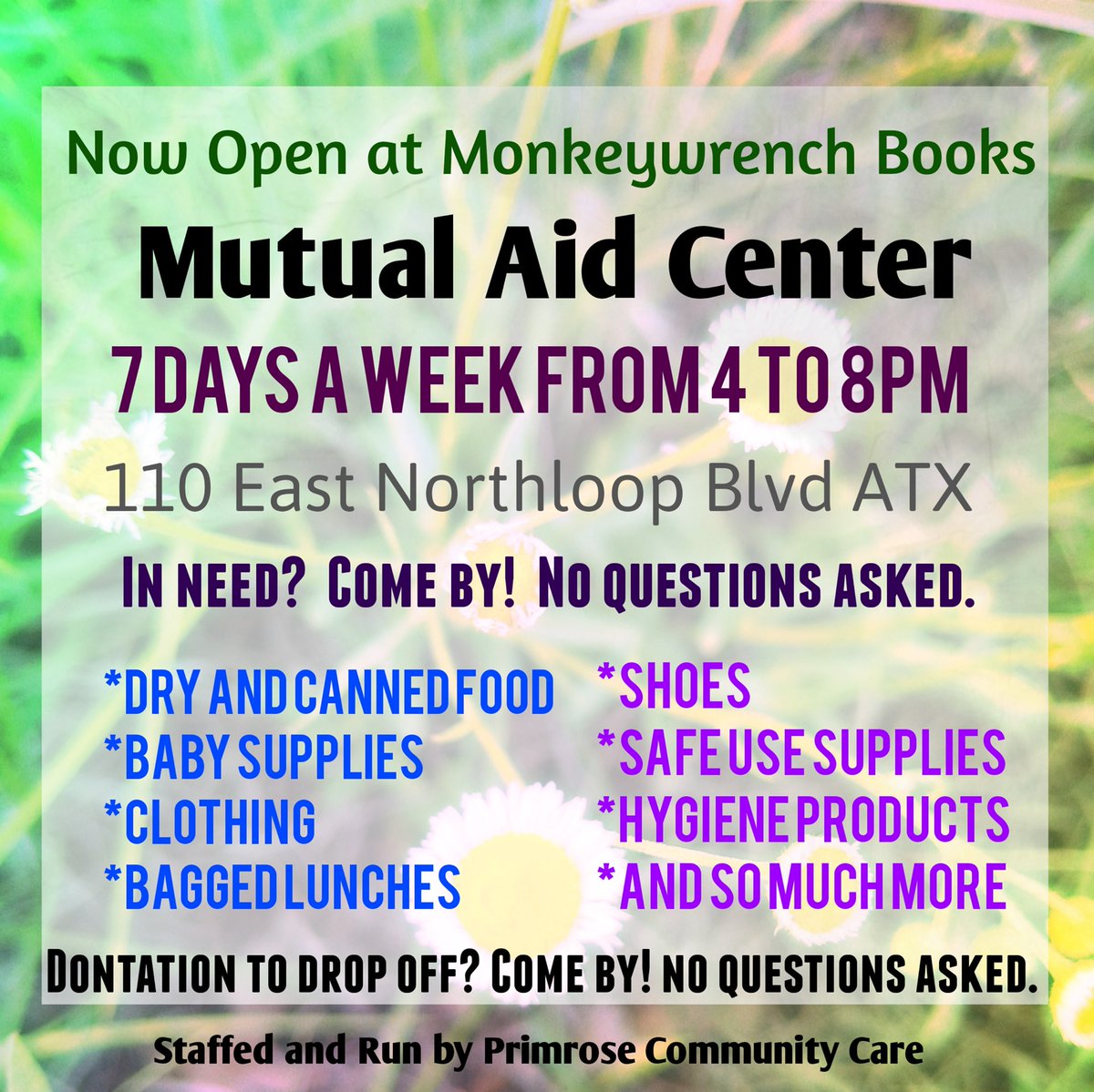 ohshit_atx's tweet photo. Need help in #AustinTX? Visit @MonkeyWrenchATX daily from 4 to 8pm if you need something or have donations to share

Monkeywrench Books
110 E. North Loop Blvd
#Austin, TX 78751

The @PrimroseCareATX collective are there to help in any way they can. #COVID19 #MutualAid https://t.co/uDbYJ6owKj