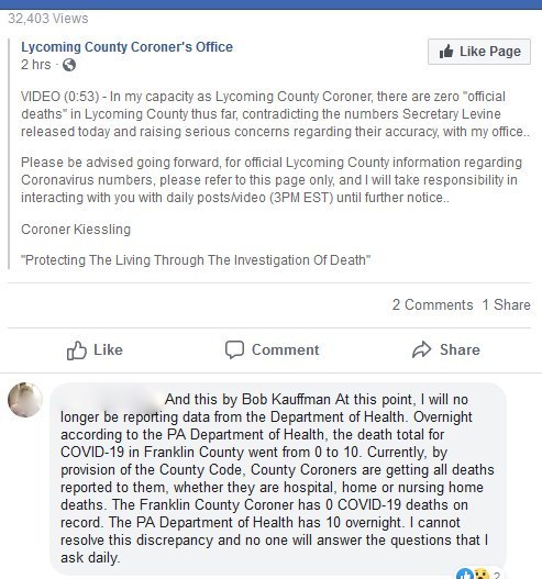 There's some weird crap going on here in PA with the death counts. This is from a friend of mine who worked in the coroner's office for 4 years. She said Bradford county also has similar discrepancies.