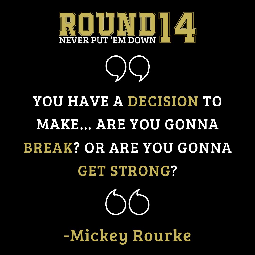 Round14_life's tweet photo. Powerful quote from actor and former boxer, Mickey Rourke... When you face a Round 14, will you back down, or keep fighting? Our hope is that you #NeverPutEmDown and get strong... For some extra motivation, check out our site: https://t.co/I8jfYvxSHB
#mickeyrourke #boxing https://t.co/NgV46fz4yI