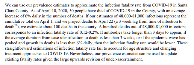 Flaw #7: their whole study supposedly was to show lots of unascertained cases, but, to reach their headline-and-social-media-attracting fatality rate conclusion, they assume 100% of fatalities were properly counted.That seems unlikely:  https://www.nytimes.com/interactive/2020/04/21/world/coronavirus-missing-deaths.html /8