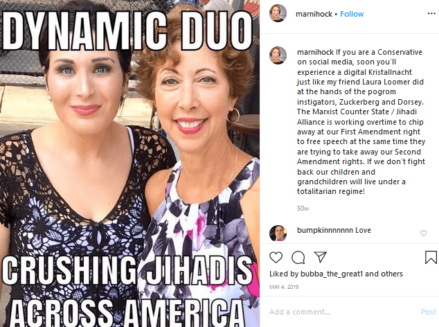 'Liberate Minnesota' co-organizer Marni Hockenberg is close friends with Laura Loomer.The text on the Instagram image from Hockenberg reads,“dynamic duo, crushing jihadis across America”They both have lifetime bans on Twitter for hate speech. >  https://unicornriot.ninja/2020/whos-calling-to-liberate-minnesota-and-why/