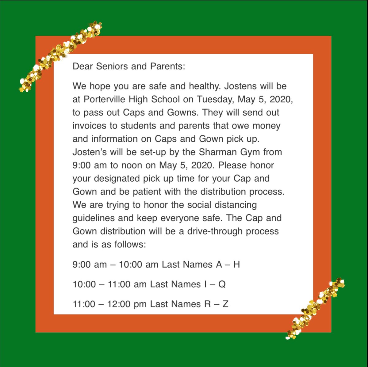 Seniors2020PHS's tweet photo. Just a reminder to our seniors, hope all is well 🧡💚 https://t.co/sxW8l5p6ne