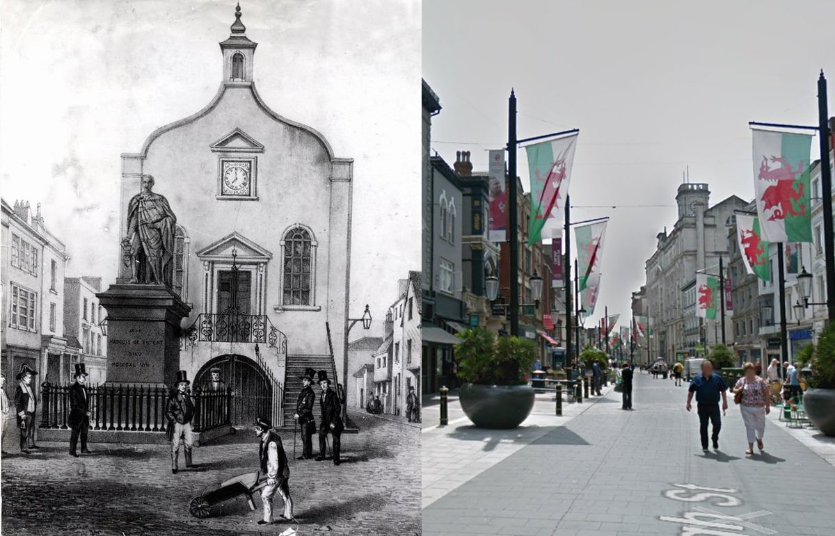 48) Cardiff Town Hall - The Georgian town hall was built on the site of its Medieval predecessor despite opposition because of it's obstruction of the street. It was later replaced and moved further up St Mary St. The Marquess of Bute statue outside now resides in Callaghan Sq
