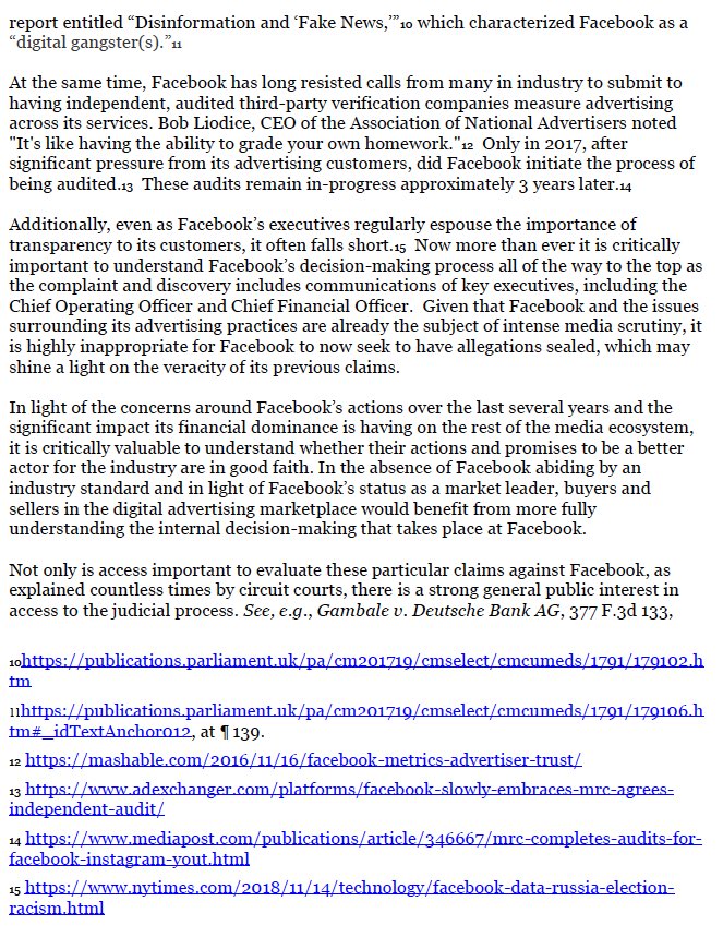 Full disclosure, we filed yesterday supporting these docs shouldn’t be sealed due to public interest in case, implications to trust in digital ads, claims of fraud, fake accounts, etc. Cite Parliament report labeling of Facebook as “digital gangsters” among other reports.